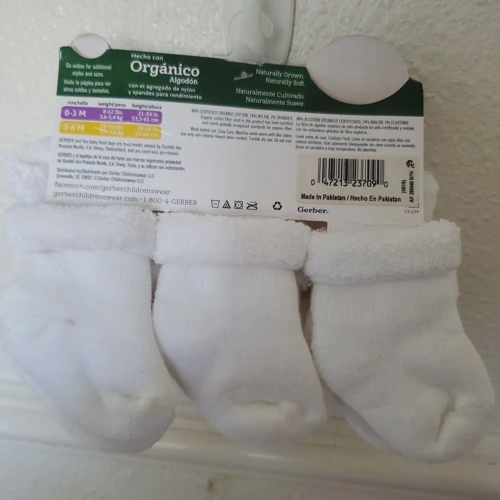 Gerber Baby White Socks Boys & Girls Plush 6 Pack Size 0-3 Months Organic Cotton